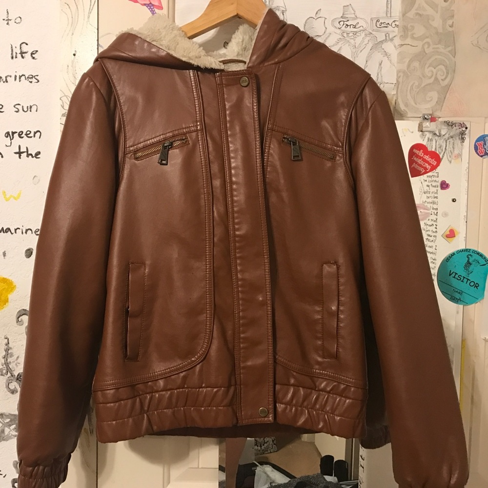 Brown leather Steve Madden jacket w/ fake fur hood